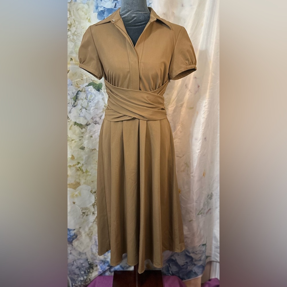 Retro 40’s Military Style Coyote Tan Wrap Dress side zipper tie waistband